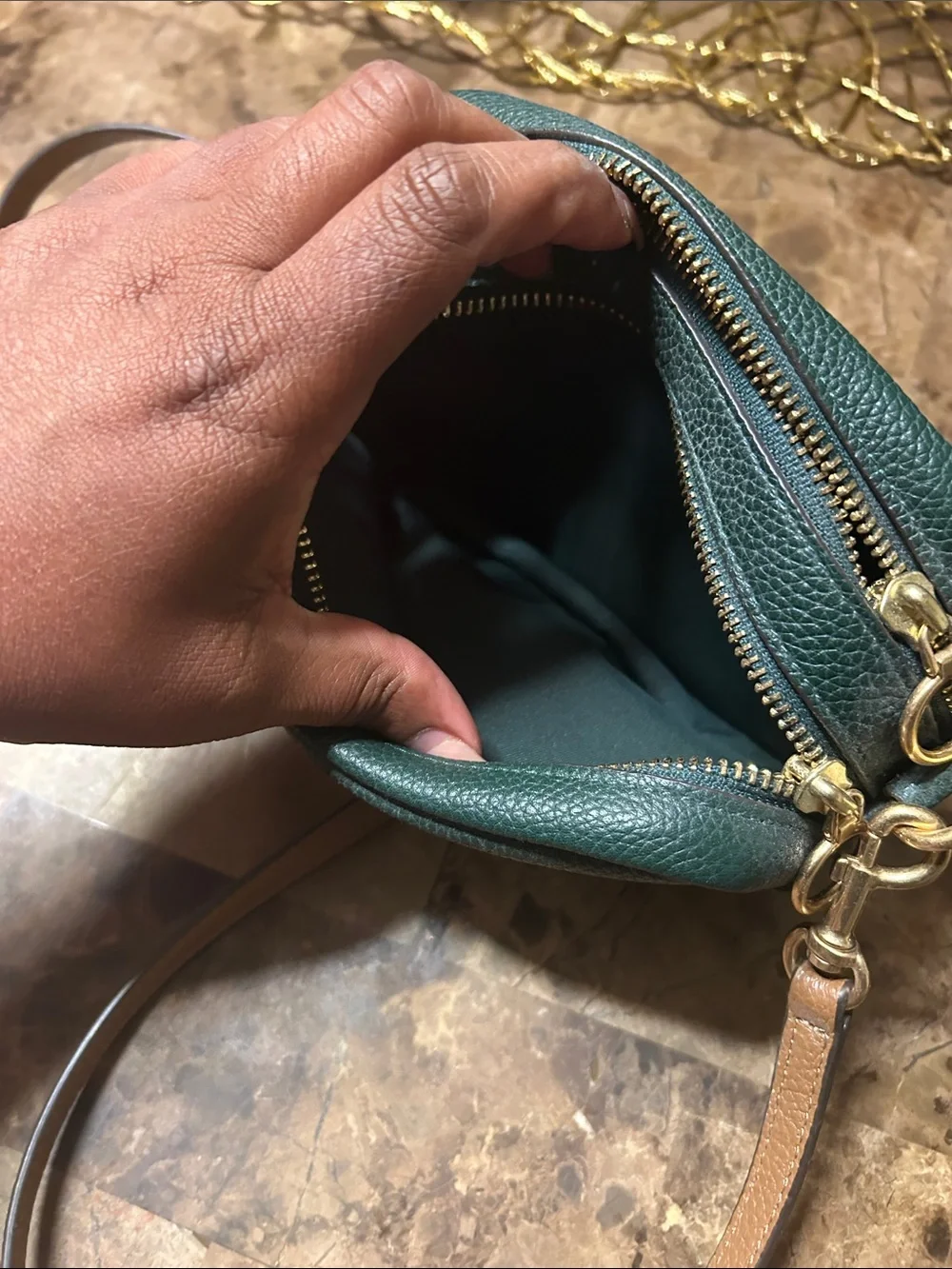 Tory Burch Dark Green Pebbled Leather Crossbody Camera Bag with Brown Strap